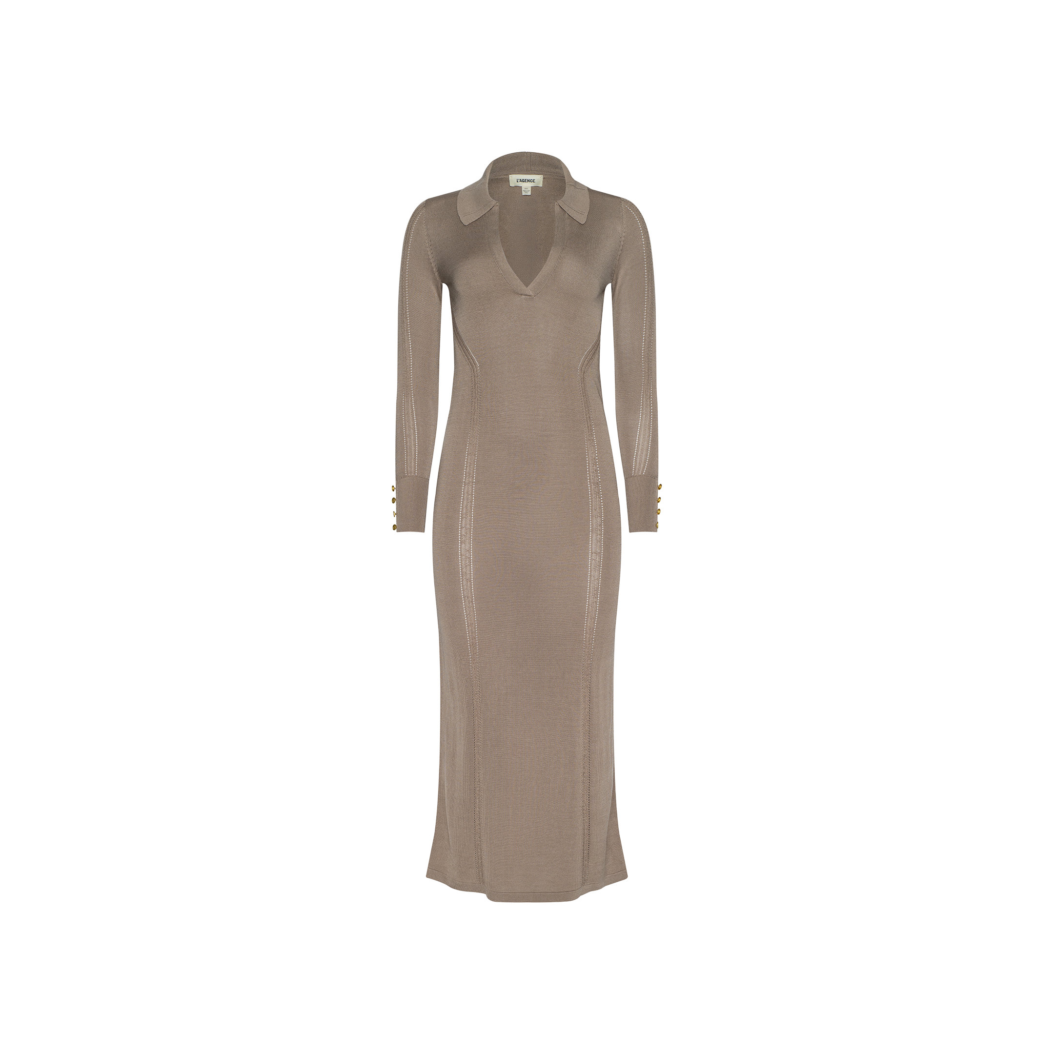 The Delma Knit Maxi Dress is a long-sleeve, taupe knit blend dress featuring a plunge neckline, pointed collar, fitted silhouette, and button detailing on the cuffs, displayed on a plain white background.