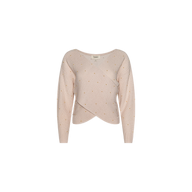 The Antonella Crossover Sweater is a light pink knit with long sleeves, a fitted waist, subtle ribbed texture, and small yellow polka dot pattern, displayed on a plain white background.