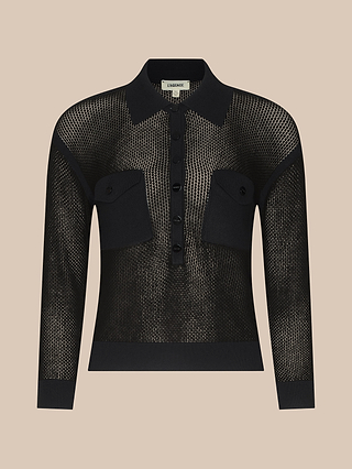 Black, long-sleeve Carine Top in lightweight knit mesh, featuring a collar, button-down front, and two chest pockets, displayed on a beige background.