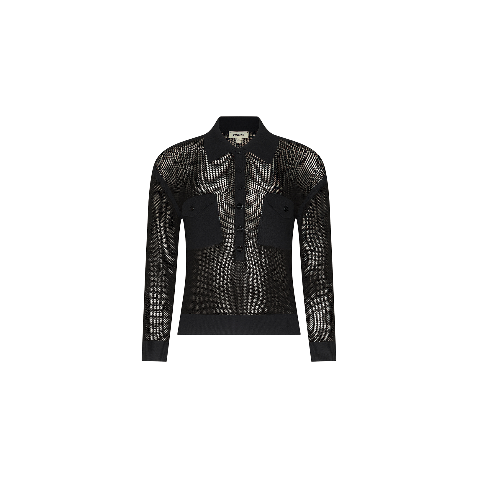The Carine Top is a black, long-sleeve sheer mesh shirt featuring a collar, button placket down the front, and two flap chest pockets.