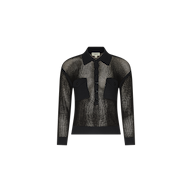 The Carine Top is a black, long-sleeve sheer mesh shirt featuring a collar, button placket down the front, and two flap chest pockets.