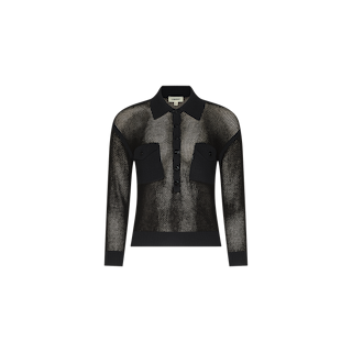 The Carine Top is a black, long-sleeve mesh button-up shirt featuring solid black utility pockets and a matching collar, shown against a plain white background.