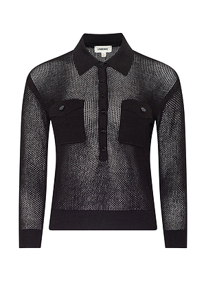 The Carine Top is a black, long-sleeve collared mesh sweater with a button-down front and two flap chest pockets—a sheer knit design inspired by Fall 2026 looks from New York Fashion Week.