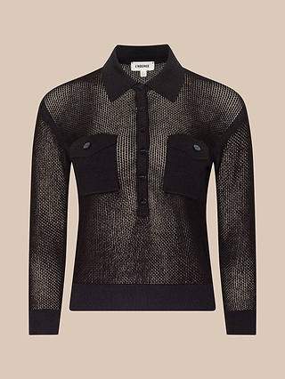Black sheer long-sleeve collared Carine Top, featuring a button placket and two chest pockets, crafted from lightweight knit and displayed on a plain beige background.