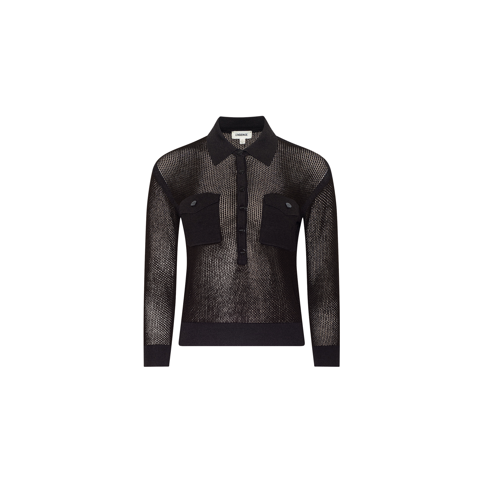 Introducing the Carine Top: a black, long-sleeve sheer mesh polo shirt, featuring a collar, front button placket, and two chest pockets with flaps. Crafted from lightweight knit for an effortlessly modern touch—perfect for Fall 2026.