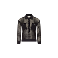 Introducing the Carine Top: a black, long-sleeve sheer mesh polo shirt, featuring a collar, front button placket, and two chest pockets with flaps. Crafted from lightweight knit for an effortlessly modern touch—perfect for Fall 2026.