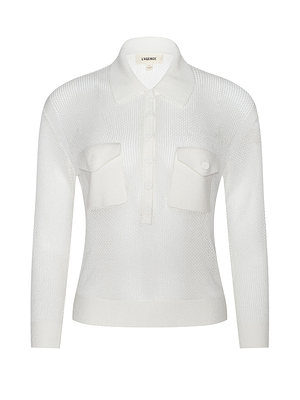 The Carine Sweater is a white, long-sleeve lightweight knit featuring a collared neckline, partial button placket, and two buttoned chest utility pockets, shown against a plain white background.
