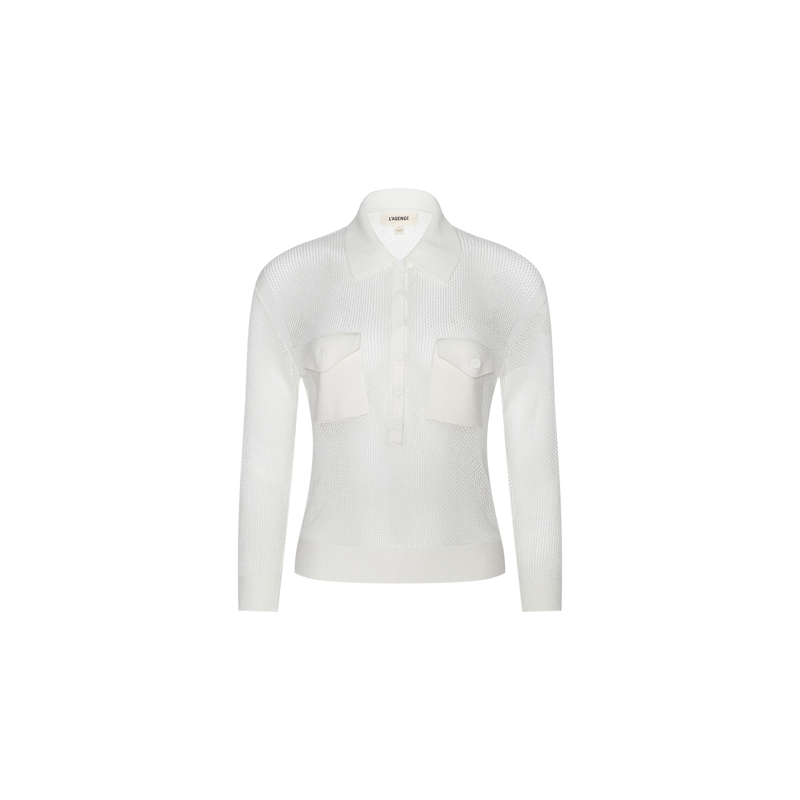 White long-sleeve collared Carine Top featuring two front utility pockets, a button-down neckline, and a fitted silhouette crafted from lightweight knit fabric, shown against a plain white background.