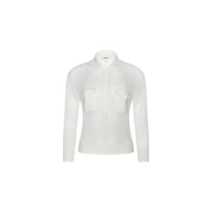 White long-sleeve collared Carine Top featuring two front utility pockets, a button-down neckline, and a fitted silhouette crafted from lightweight knit fabric, shown against a plain white background.
