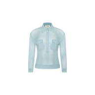 Light blue, long-sleeve Carine Top crafted from a lightweight knit, featuring a collared neckline, front button placket, and two breast pockets, displayed on a plain white background.