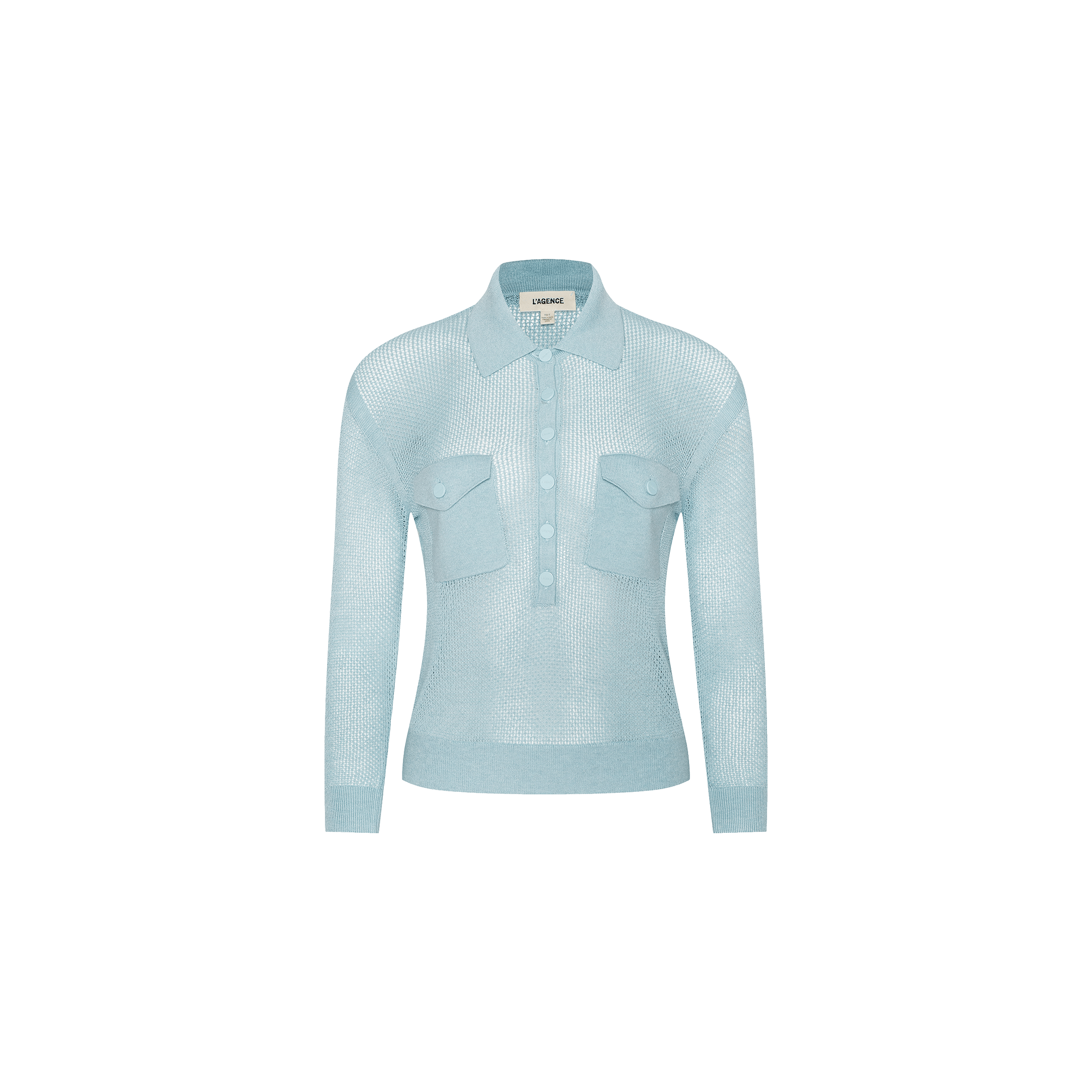 Light blue, long-sleeve Carine Top crafted from a lightweight knit, featuring a collared neckline, front button placket, and two breast pockets, displayed on a plain white background.