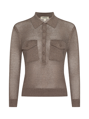 The Carine Sweater is a sheer, lightweight taupe knit long-sleeve top with a pointed collar, button placket, and two chest buttoned utility pockets, shown against a plain white background.