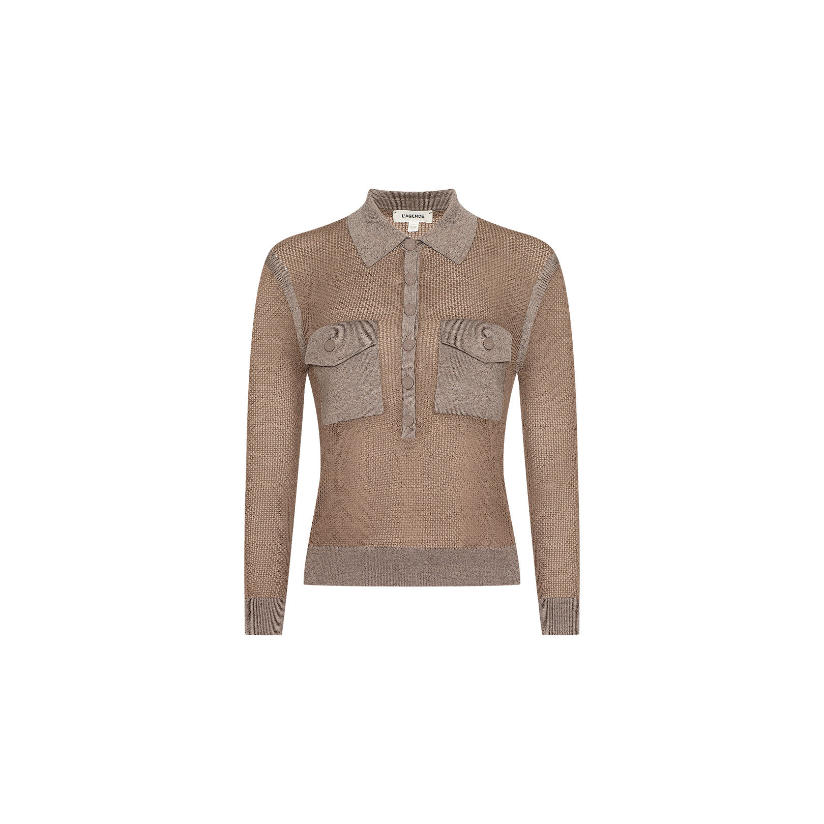 The Carine Top is a long-sleeve, light brown collared sweater crafted from lightweight knit fabric, featuring two spacious utility chest pockets and front button details, showcased against a plain white background.
