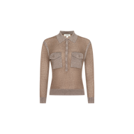 The Carine Top is a long-sleeve, light brown collared sweater crafted from lightweight knit fabric, featuring two spacious utility chest pockets and front button details, showcased against a plain white background.