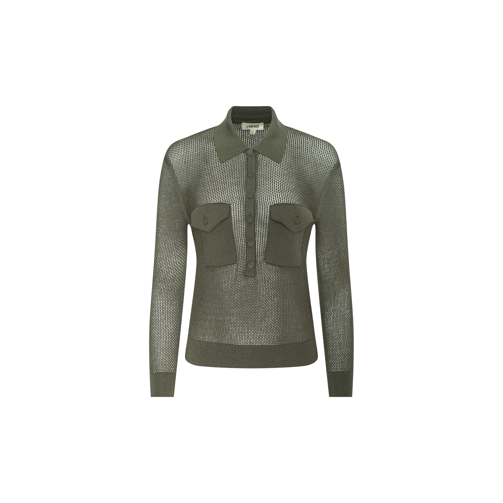 Olive green lightweight knit long-sleeve Carine Top with a collar, half-zip front, and two buttoned chest pockets, displayed on a plain white background. This top offers both comfort and style.