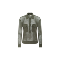 Olive green lightweight knit long-sleeve Carine Top with a collar, half-zip front, and two buttoned chest pockets, displayed on a plain white background. This top offers both comfort and style.
