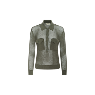 Olive green Carine Top in a lightweight mesh knit, featuring long sleeves, a collared neckline, half-zip front, and two large flap chest pockets.