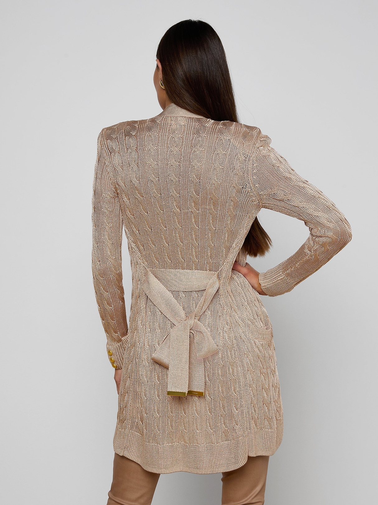Penelope Cabled Cardigan in Almond/Gold | L'AGENCE