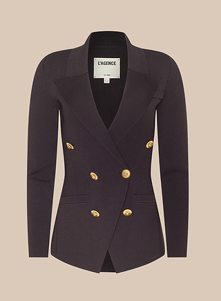 Dark brown blazer with gold buttons on a white background
