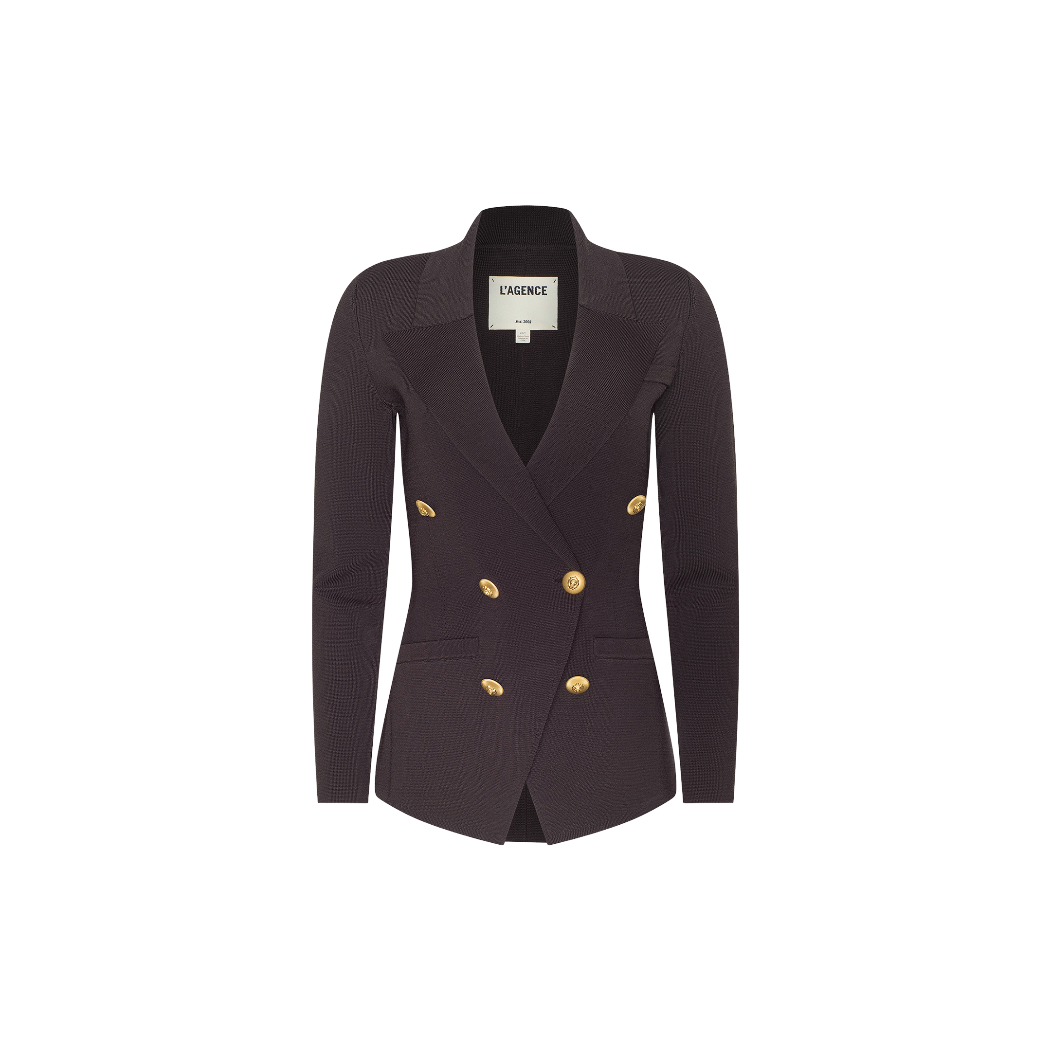 The Amelia Knit Blazer, a tailored black blazer with gold buttons, features a double-breasted design, notched lapels, and soft tailoring, displayed on a plain white background.