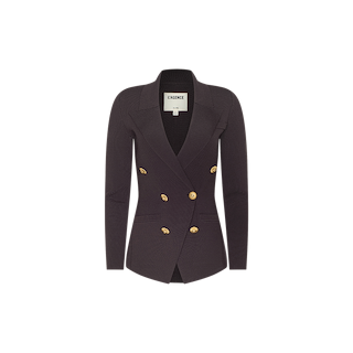 The Amelia Knit Blazer is a fitted, dark brown structured knit blazer featuring two rows of gold buttons, long sleeves, a notched lapel, and removable shoulder pads for customizable comfort. The label inside reads LAGENCE. The blazer is displayed on a plain white background.