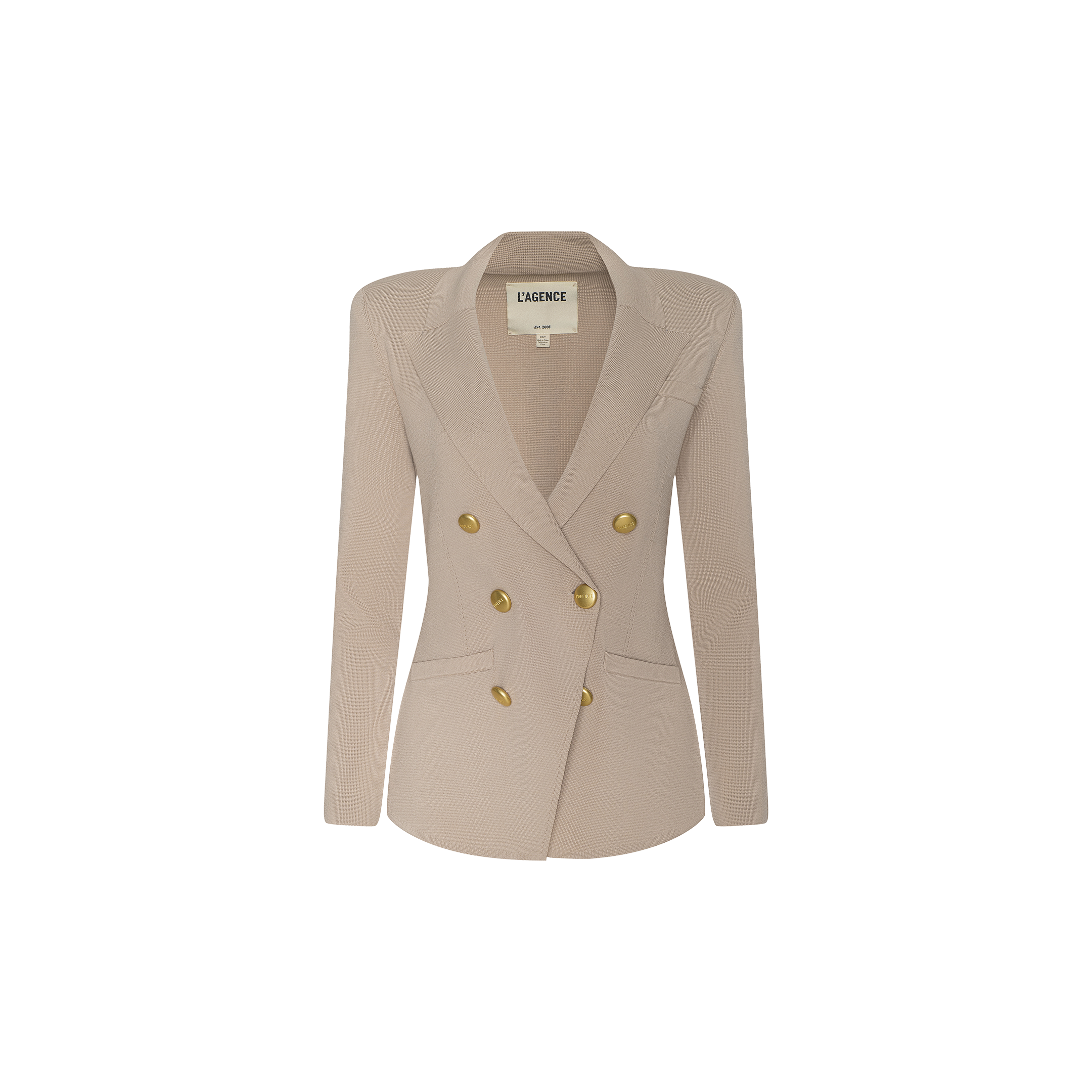 The Amelia Knit Blazer is a light pink, structured knit blazer featuring gold buttons, a double-breasted front, notched lapels, and removable shoulder pads, showcased against a plain white background.