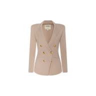 The Amelia Knit Blazer is a light pink, structured knit blazer featuring gold buttons, a double-breasted front, notched lapels, and removable shoulder pads, showcased against a plain white background.