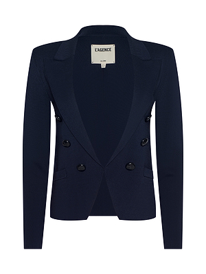 The Mercer Knit Blazer is a navy blue double-breasted blazer with black buttons, notched lapels, and a tailored fit from L’AGENCE. This elegant piece is displayed on a white background.