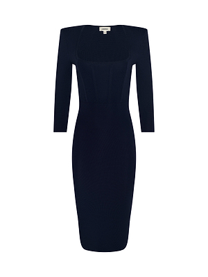 The Mary Corset Midi Dress is a fitted, knee-length navy blue dress with three-quarter sleeves and a square neckline, shown on a white background.