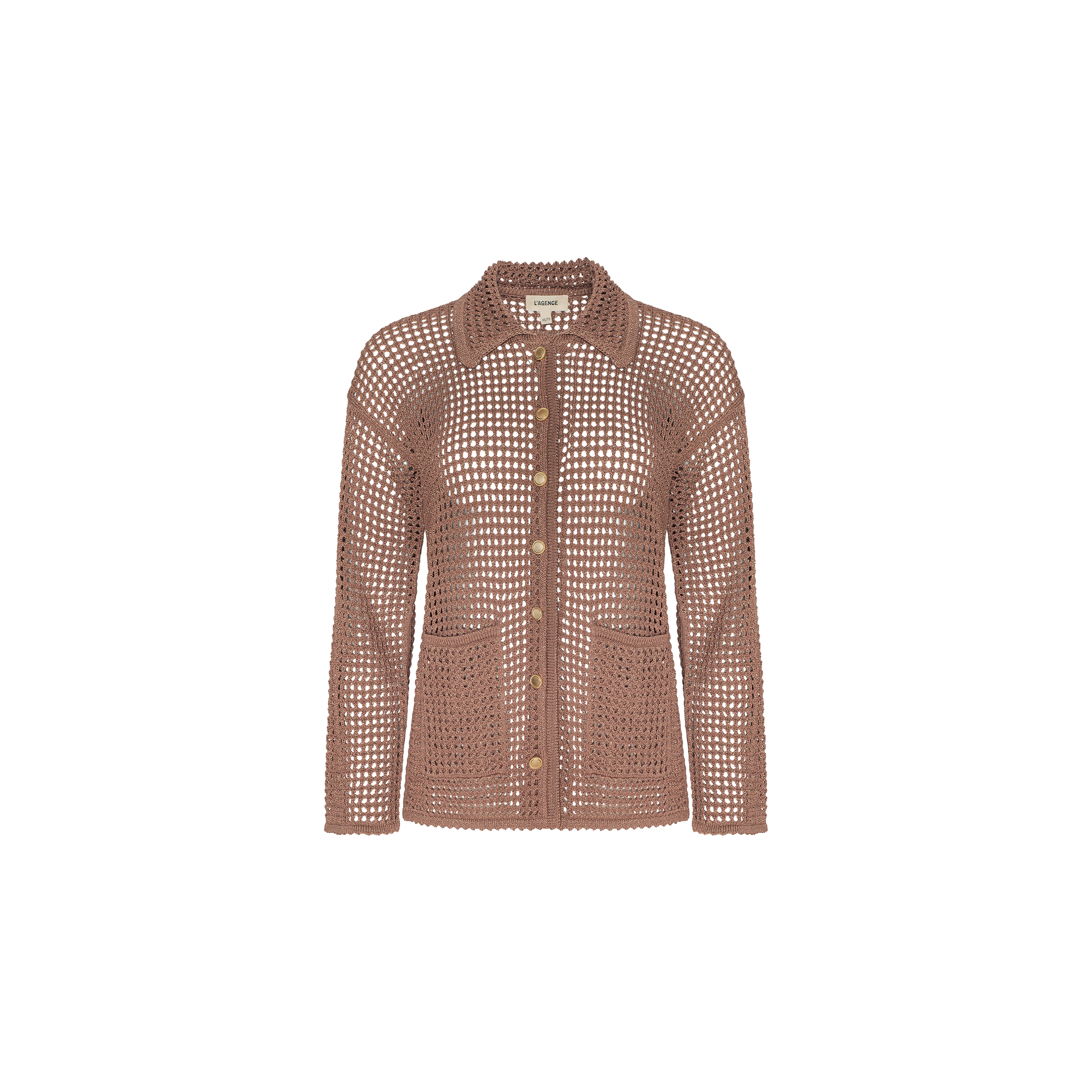 The Mariana Pointelle Knit Shirt is an airy, brown long-sleeved crochet button-up with a collar and two front pockets, displayed on a plain white background.
