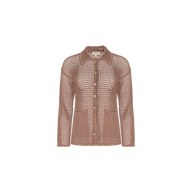 The Mariana Pointelle Knit Shirt is an airy, brown long-sleeved crochet button-up with a collar and two front pockets, displayed on a plain white background.