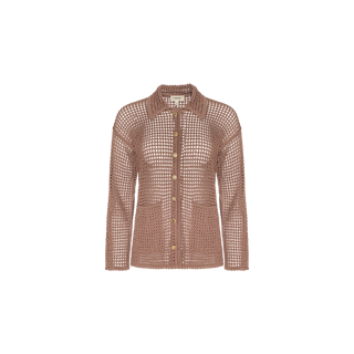 Mariana Pointelle Knit Shirt in brown, featuring a button-up front, long sleeves, a collar, and front pockets, crafted from a delicate pointelle knit and displayed on a plain white background.