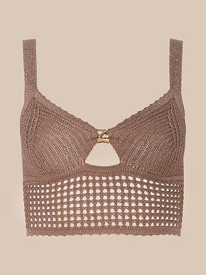The Tracy Bralette Top is a brown crochet design with wide straps, a small front keyhole cutout accented by a gold clasp, and an open-weave pointelle knit along the bottom band.