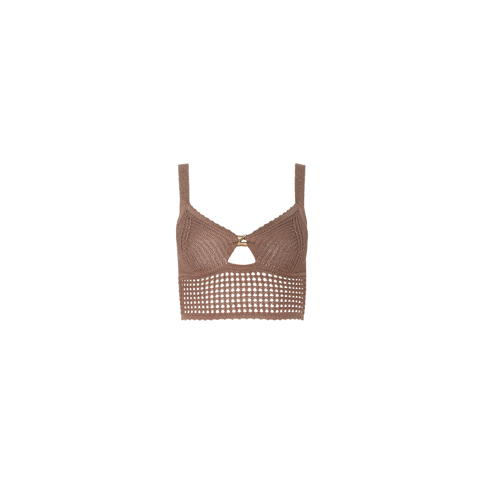 Introducing the Tracy Bralette Top: a brown crochet pointelle knit bralette featuring wide straps, a small central cut-out below the bust, and a gold metal accent ring at the center front. The bottom showcases a mesh-like crochet pattern.