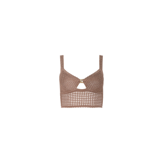 Introducing the Tracy Bralette Top: a brown crochet pointelle knit bralette featuring wide straps, a small central cut-out below the bust, and a gold metal accent ring at the center front. The bottom showcases a mesh-like crochet pattern.