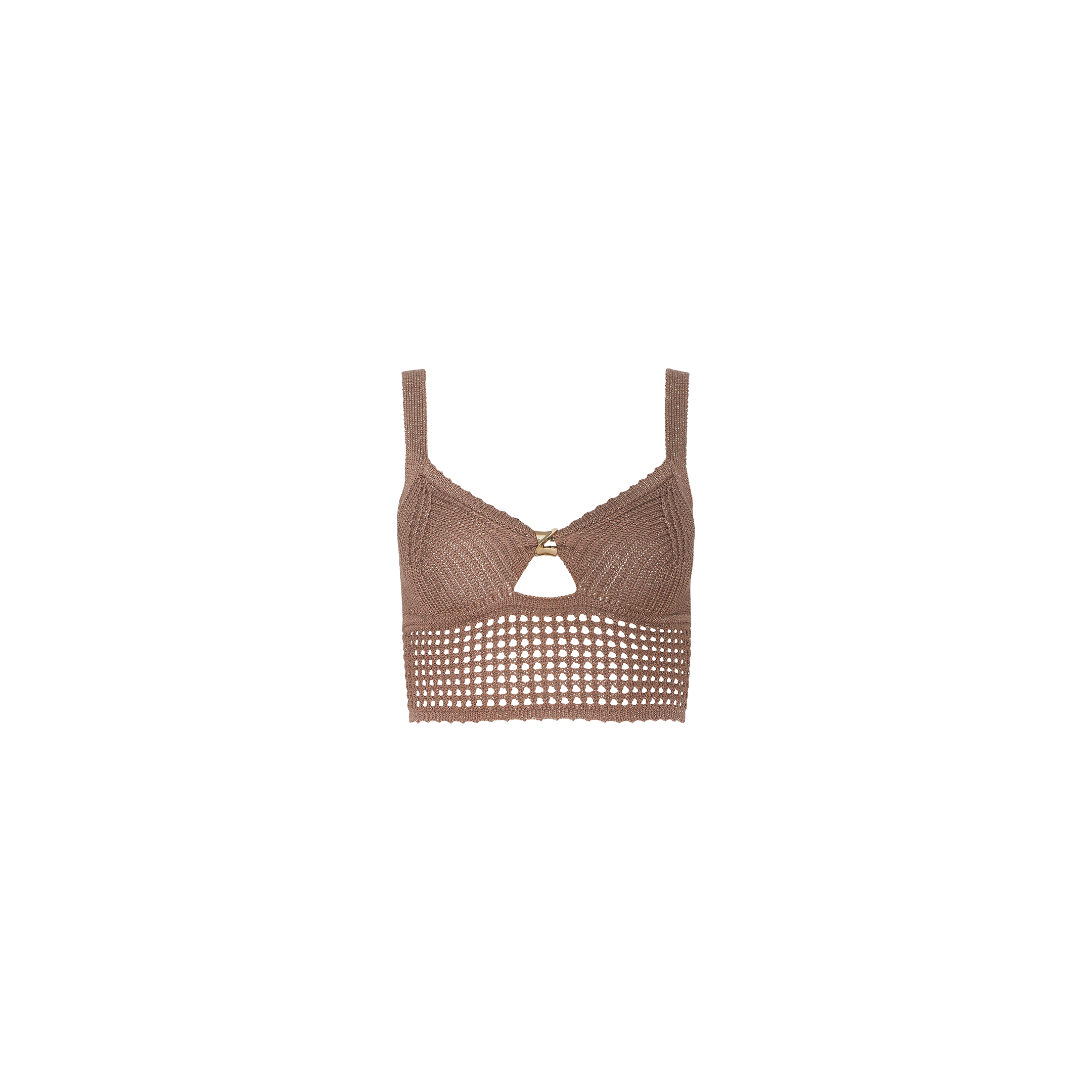 Introducing the Tracy Bralette Top: a brown crochet pointelle knit bralette featuring wide straps, a small central cut-out below the bust, and a gold metal accent ring at the center front. The bottom showcases a mesh-like crochet pattern.