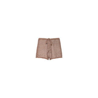 Solan Pointelle Knit Short in brown, featuring a drawstring waist and delicate pointelle knit details, displayed against a plain white background—ideal for warm weather style.