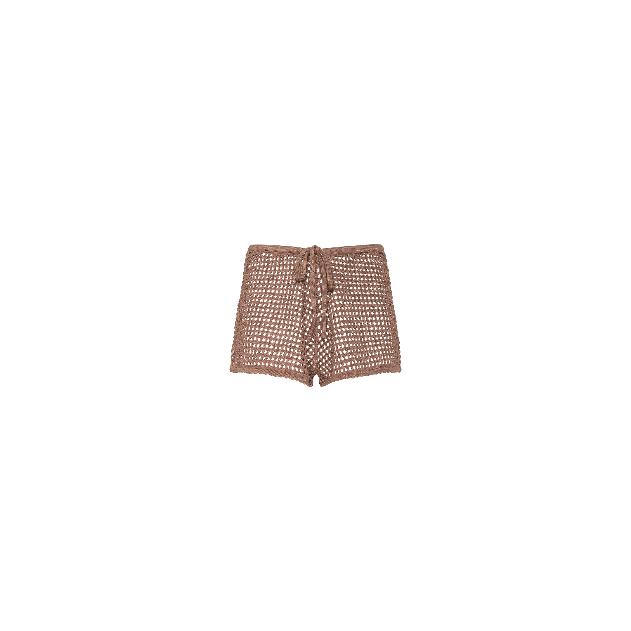 Solan Pointelle Knit Short in brown, featuring a tie waist and delicate pointelle knit, shown on a plain white background.