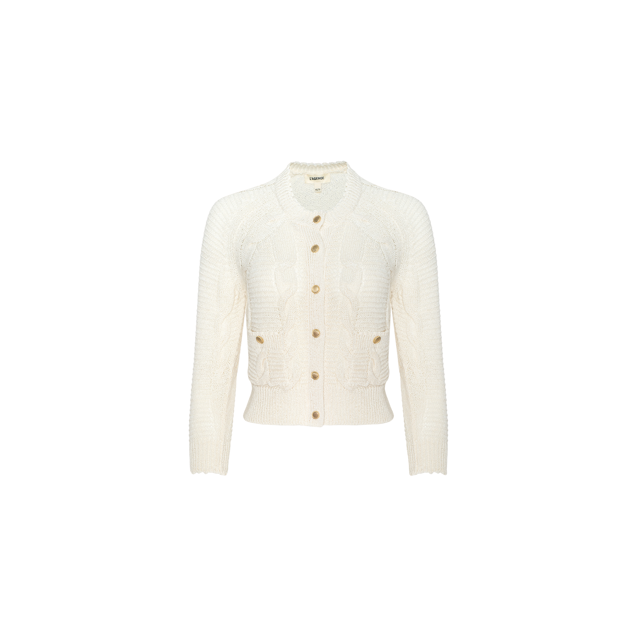 The Darcy Cable Knit Cardigan is a cream-colored, long-sleeve cardigan featuring a classic cable-knit design, patch pockets, and a round neckline. Crafted from a cotton-blend knit and finished with wooden buttons down the front, it is displayed on a plain white background.