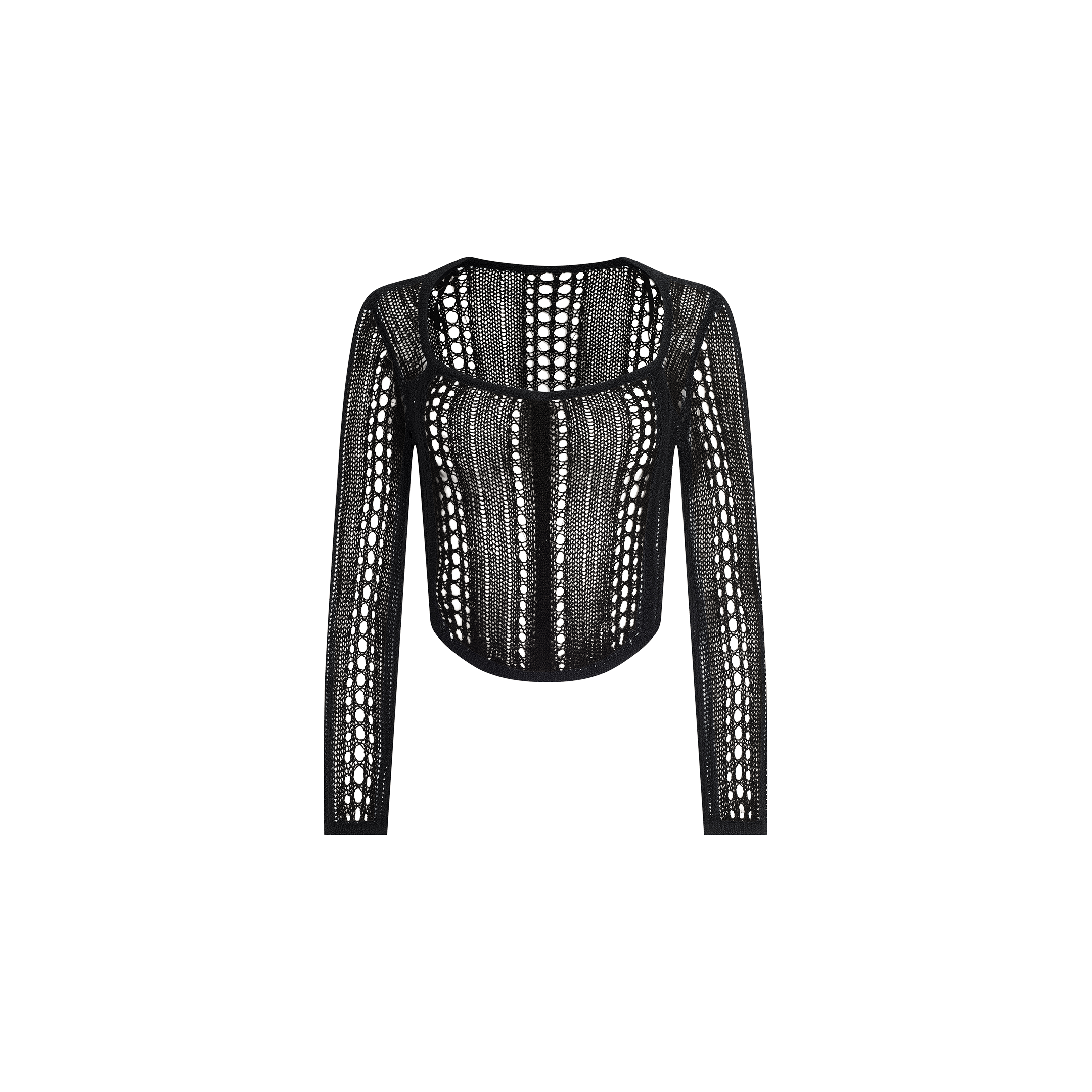 Orine Pointelle Knit Top in black, featuring long sleeves, a scoop Florentine neckline, and detailed open-knit vertical patterns, shown against a plain white background.