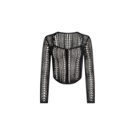 Orine Pointelle Knit Top in black, featuring long sleeves, a scoop Florentine neckline, and detailed open-knit vertical patterns, shown against a plain white background.