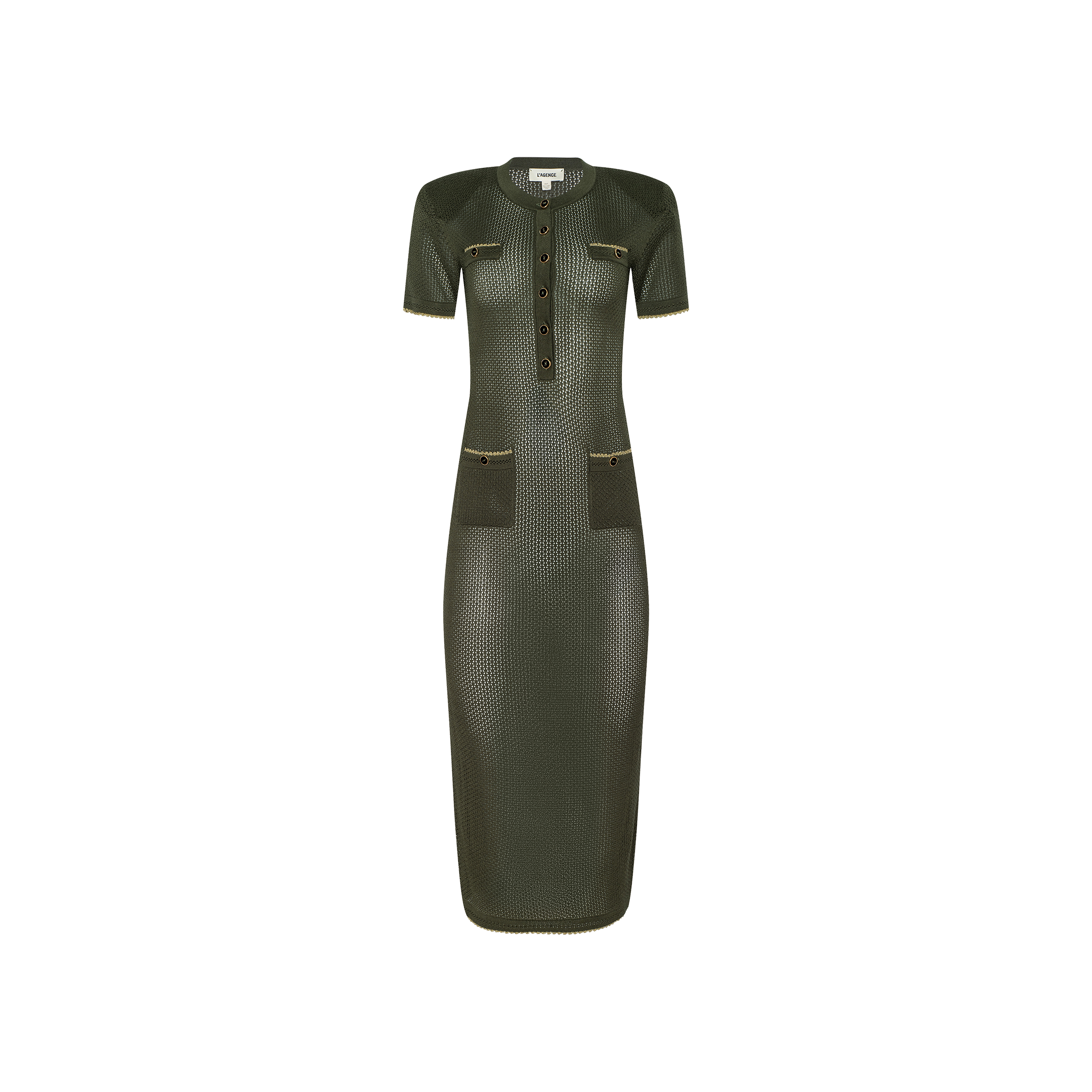 Mel Knit Dress in dark green featuring a short-sleeved, fitted midi silhouette with front buttons, four zippered pockets, and textured fabric, displayed on a plain white background.