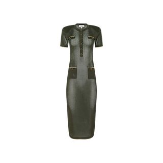 Mel Knit Dress: Olive green, short-sleeved, knee-length textured fitted midi dress featuring front buttons, zipper accents on the chest and hips, subtle shoulder pads, and a flattering silhouette.