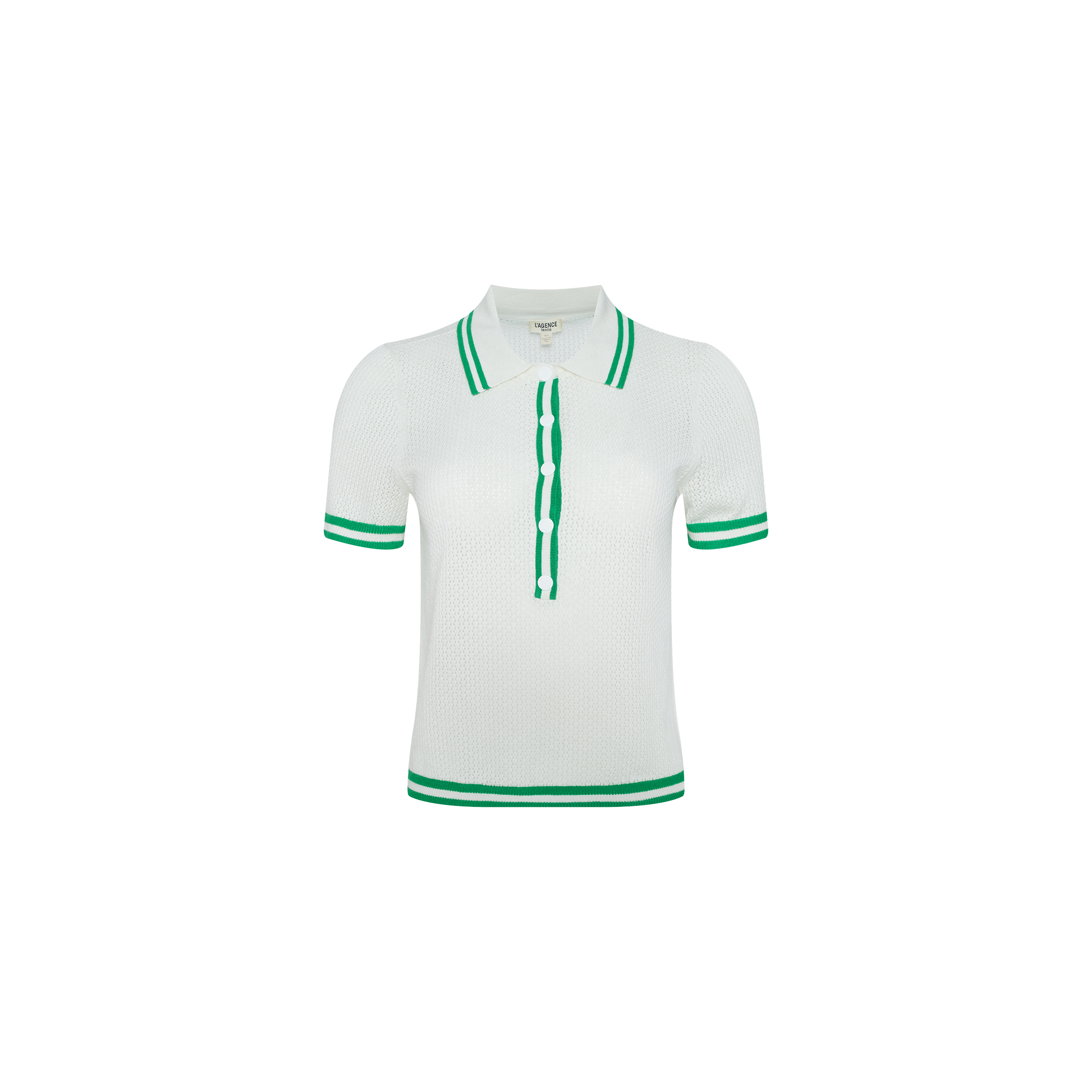 The Calvin Polo Top is a white, short-sleeve featherweight knit tennis polo highlighted by green stripes adorning the collar, sleeves, and button placket, finished with a signature logo patch and presented against a plain white background.