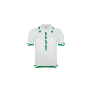 Calvin Polo Top: A white short-sleeved tennis polo shirt featuring green trim on the collar, sleeve cuffs, and button placket. Crafted from a featherweight knit for exceptional comfort, this shirt includes a signature logo patch and is displayed on a plain white background.