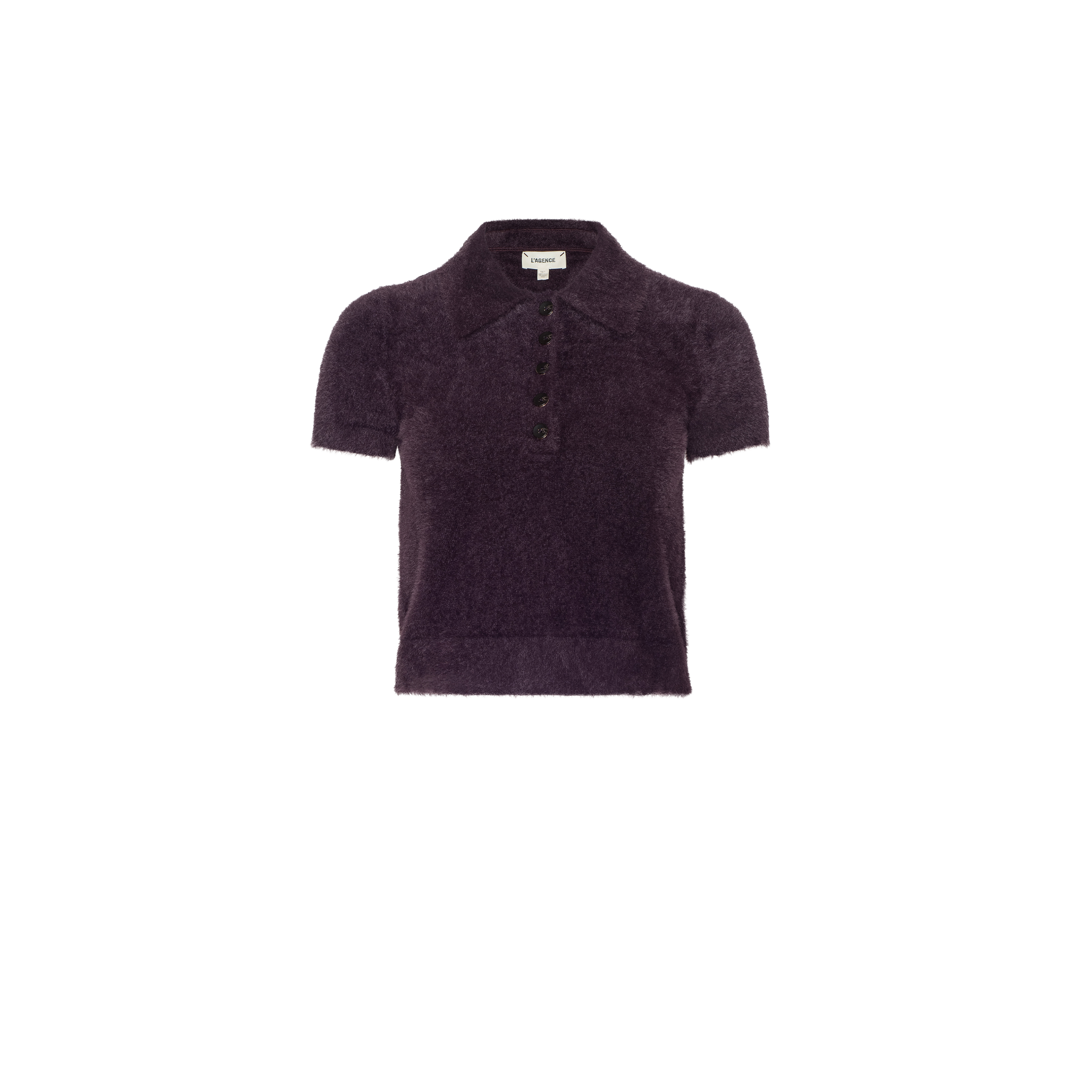 The Cirrus Cropped Polo is a short-sleeved, plush dark purple knit shirt featuring a collar and five buttons, shown against a plain white background.