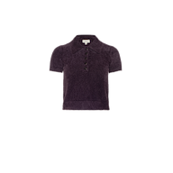 The Cirrus Cropped Polo is a short-sleeved, plush dark purple knit shirt featuring a collar and five buttons, shown against a plain white background.
