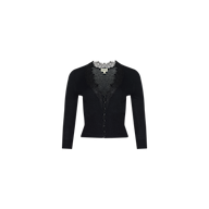 The Eluna Cardigan Top is a black wool-blend piece with long sleeves and front button closure, highlighted by a delicate lace inset trim around the neckline and opening, shown against a plain white background.