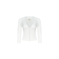 The Eluna Cardigan Top is a white, long-sleeve featherweight knit with front buttons and a delicate lace inset along the V-neckline, displayed on a plain background.