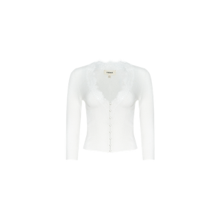 Introducing the Eluna Cardigan Top—a white, long-sleeve fitted cardigan featuring a deep V-neckline adorned with delicate lace trim and a front row of small satin-covered buttons. Crafted from a featherweight knit, this elegant piece is showcased against a plain white background.